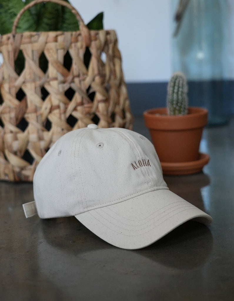Love Fitness Aloha Dad hat with the embroidered word aloha across the front.