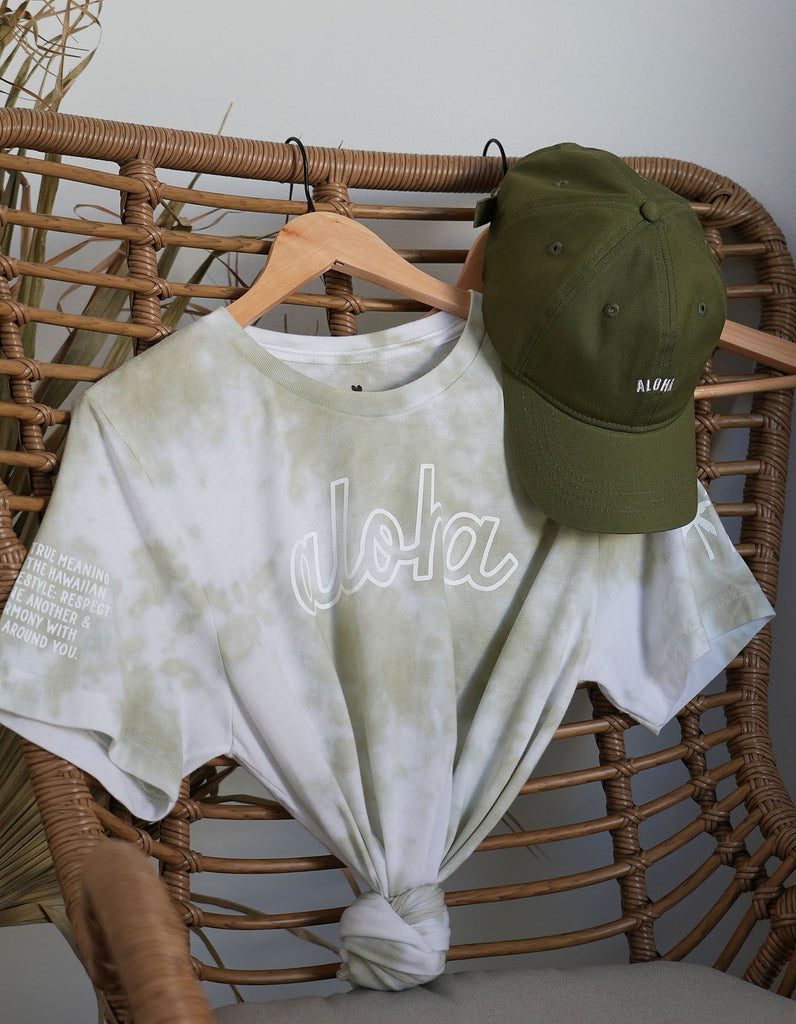 Love Fitness Aloha everyday olive green tie dye shirts paired with the aloha dad hat in a olive green color