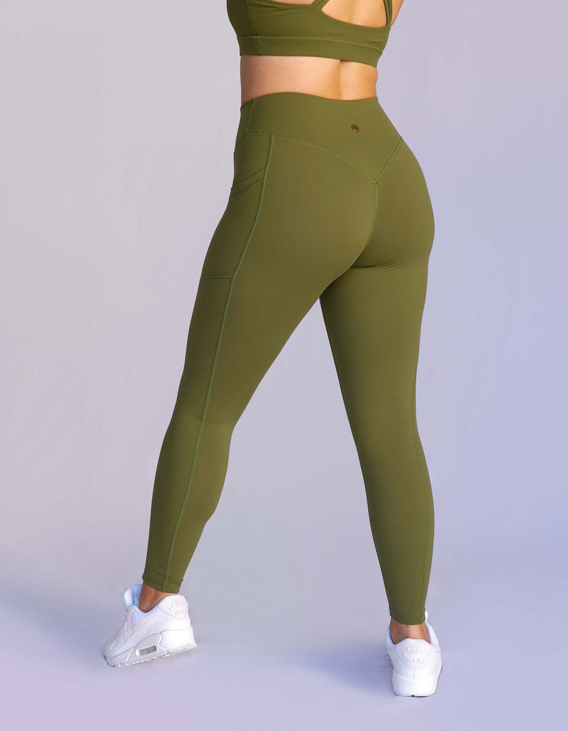 Love Fitness Effortless Pocket Leggings in the color olive green