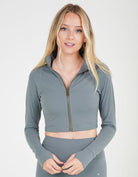 Love Fitness Apparel Impact Crop Jacket activewear in earth tone color Storm