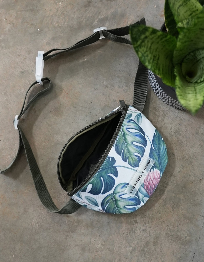 Love Fitness Monstera print fanny back that is the perfect size for the hip and can carry all your on the go essential goods