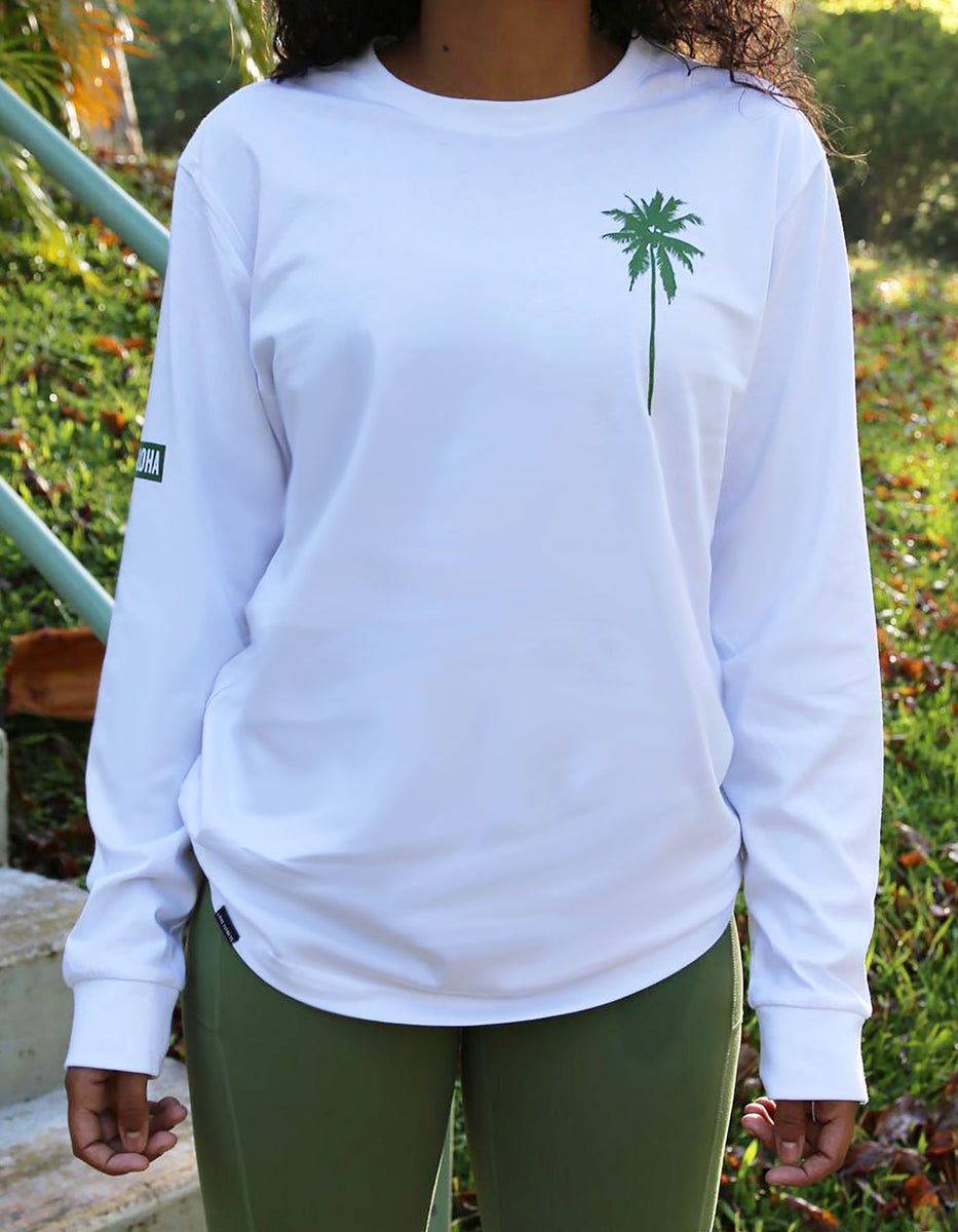 Love Fitness Athletic Aloha Shirt Women's Size Large White Long Sleeve  Stretch