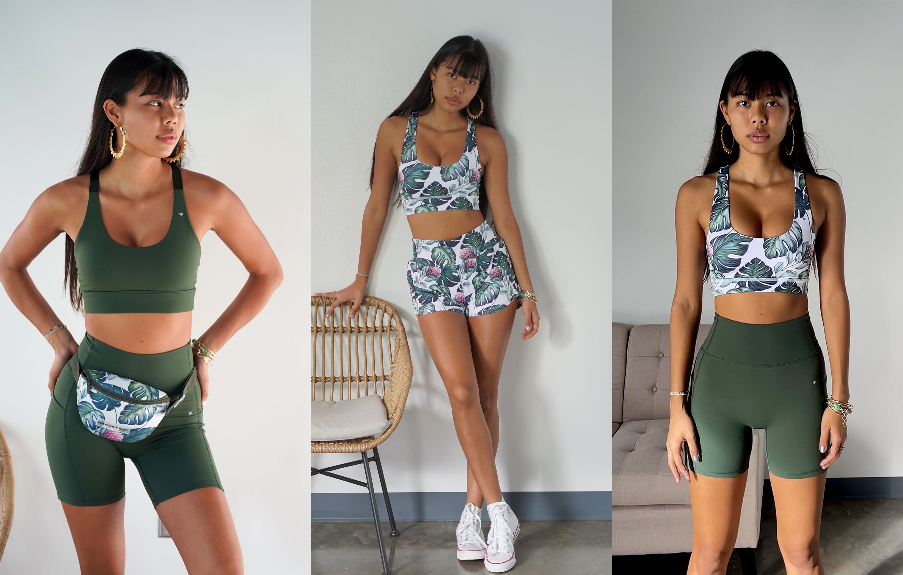 Love Fitness Mix & Match Sets with the green lush color Eden with the Monstera Leaf Print