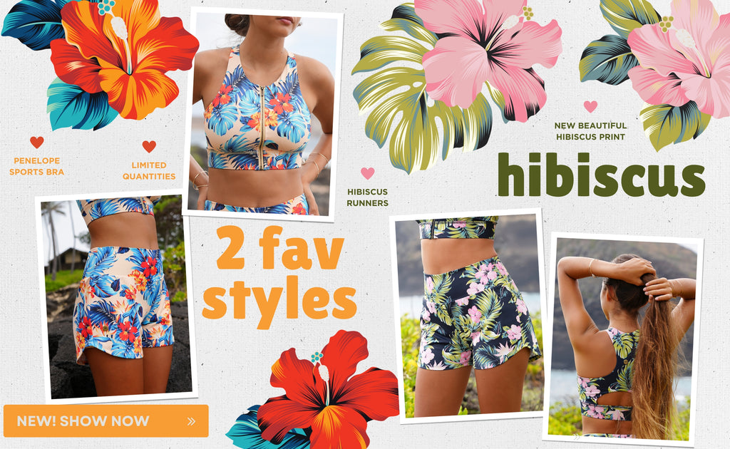 new beautiful hibiscus sets in 2 new colorways in our favorite styles: runners & penelope sports bra