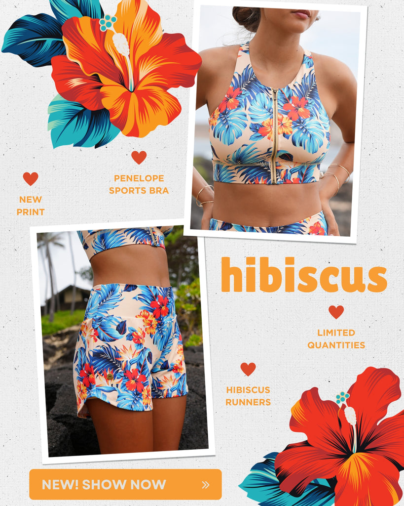 new beautiful hibiscus sets in 2 new colorways in our favorite styles: runners & penelope sports bra