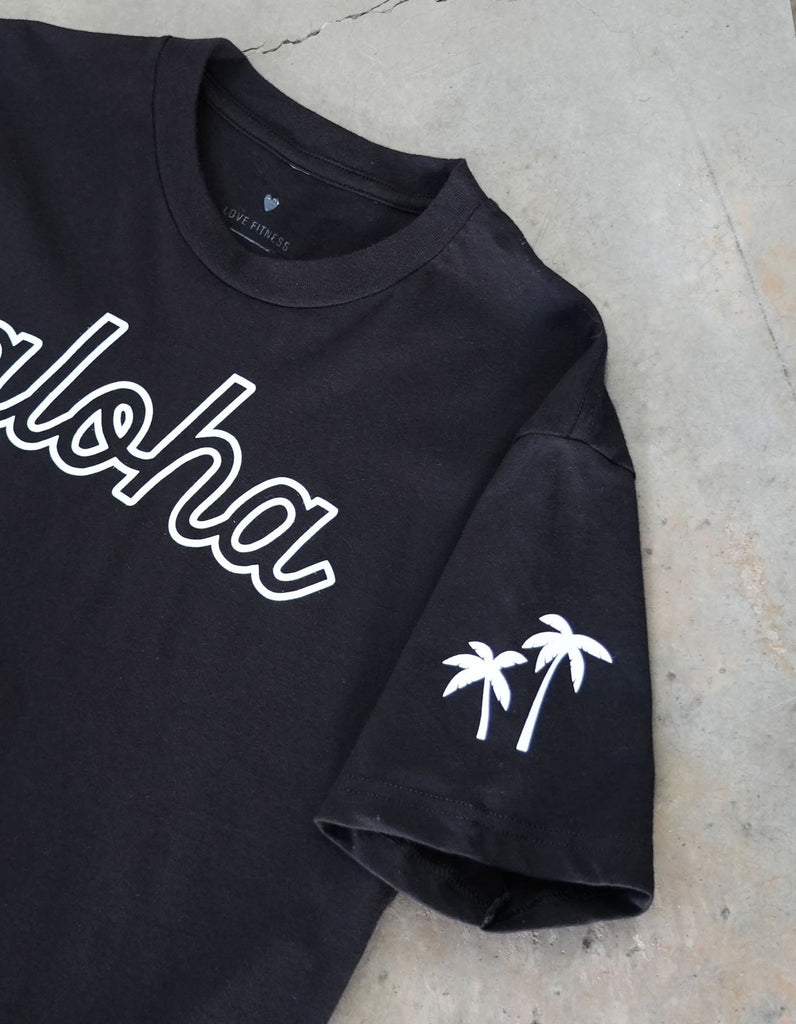 love fitness apparel aloha black tee with 2 palm trees printed on the sleeve
