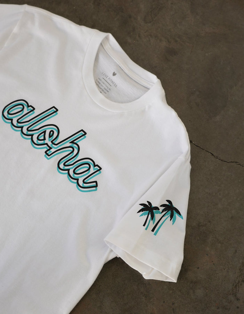 love fitness hawaii aloha everyday white tee and palm trees on the right arm sleeve 