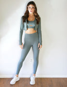 Love Fitness Apparel Impact Crop Jacket activewear in earth tone color Storm