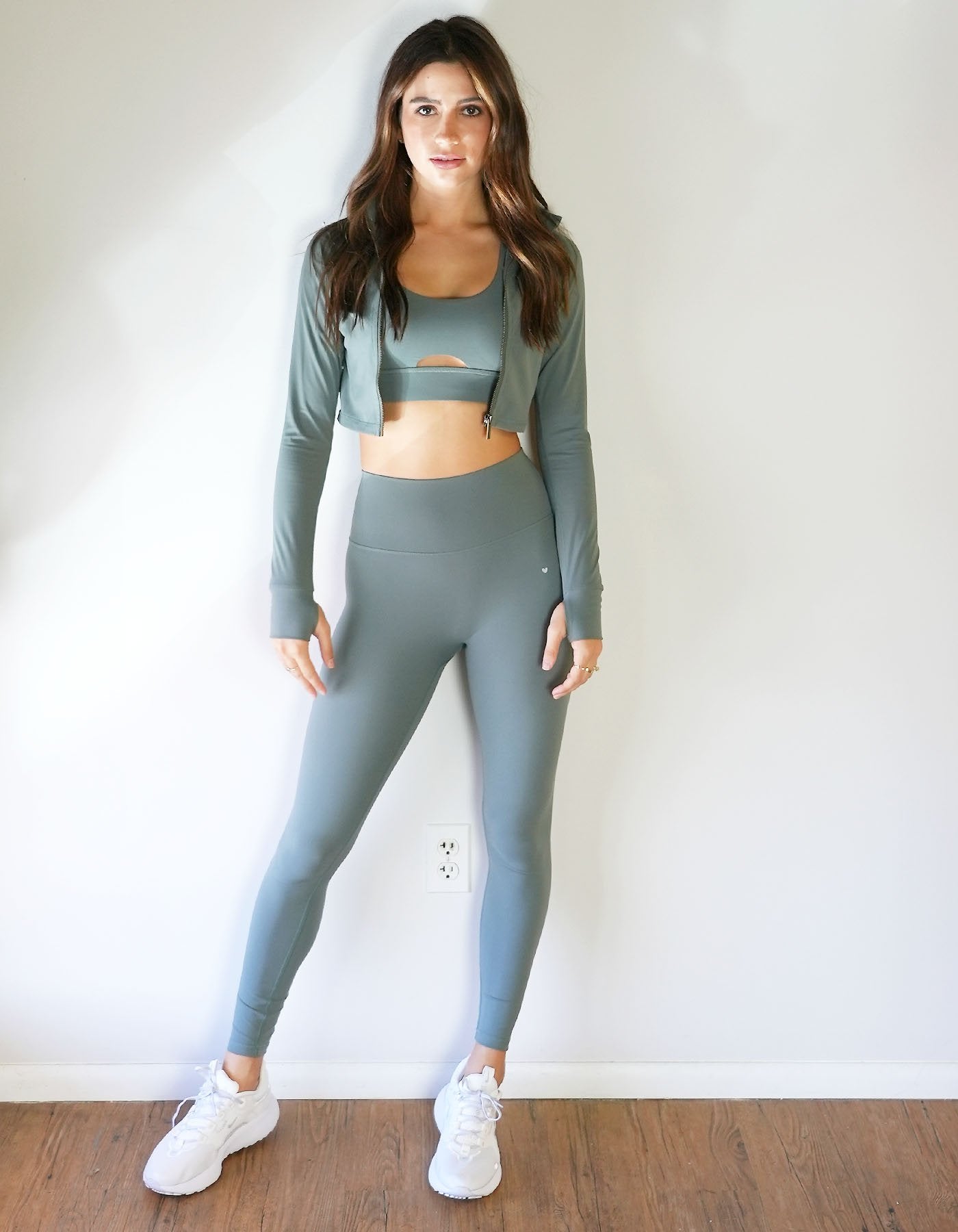 Love Fitness Apparel Impact Crop Jacket activewear in earth tone color Storm