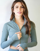 Love Fitness Apparel Impact Crop Jacket activewear in earth tone color Storm