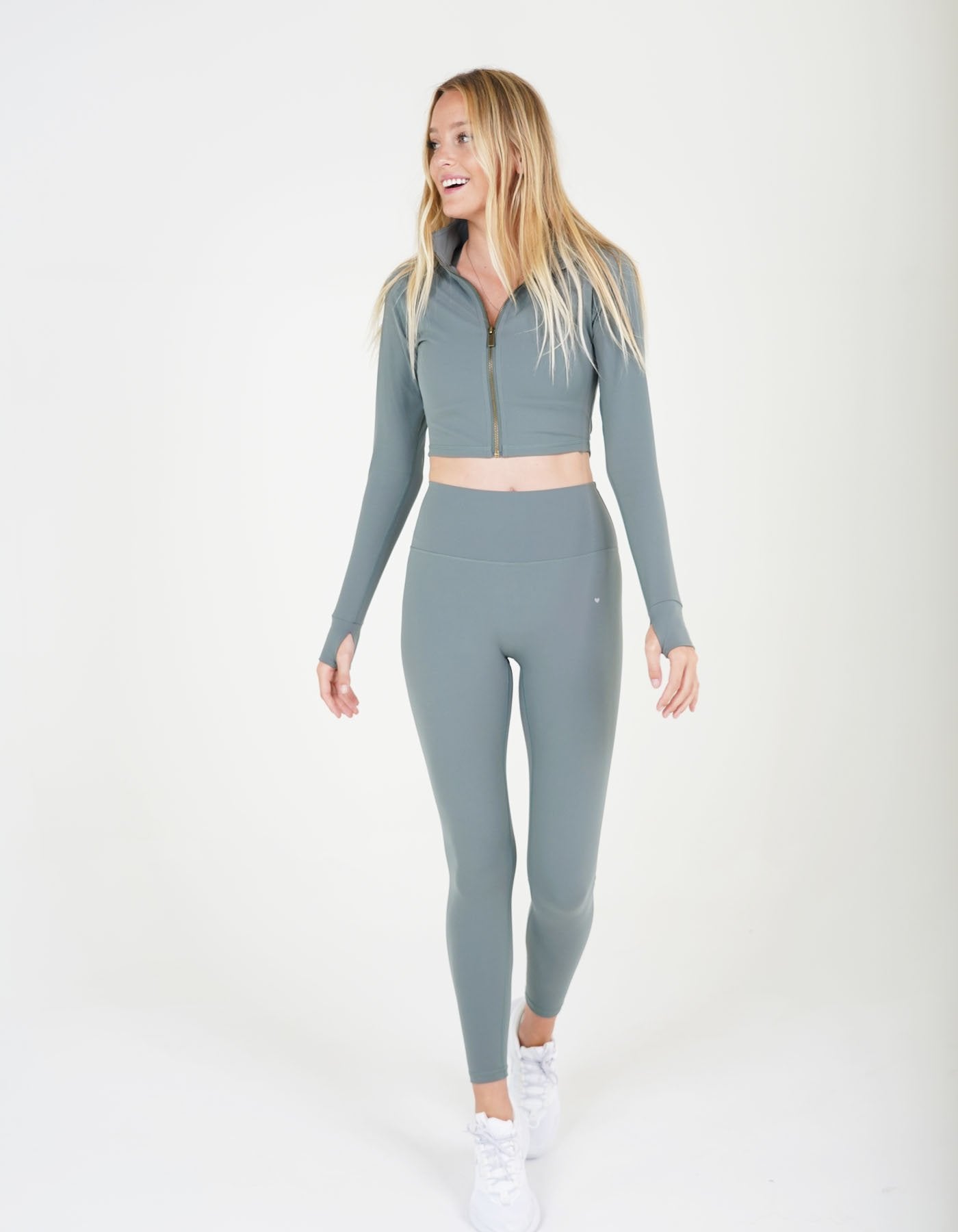 Love Fitness Apparel Impact Crop Jacket activewear in earth tone color Storm