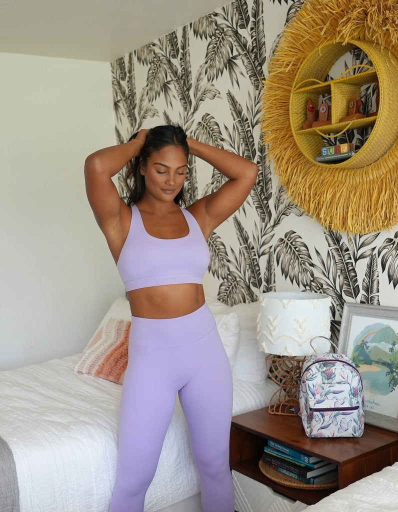 Love FitnessApparel Leilani Sports Bra in the color Blossom. Strappy detailing that is beautiful and elegant paired iwth the Essential leggings in blossom
