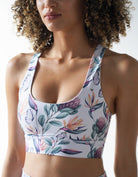 Love Fitness Apparel Island Dreams Sports bra with a gorgeous floral print and low scoop neck line