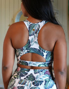Love Fitness Monstera Sports bra with a racerback style and opening  with the gorgeous Monstera print