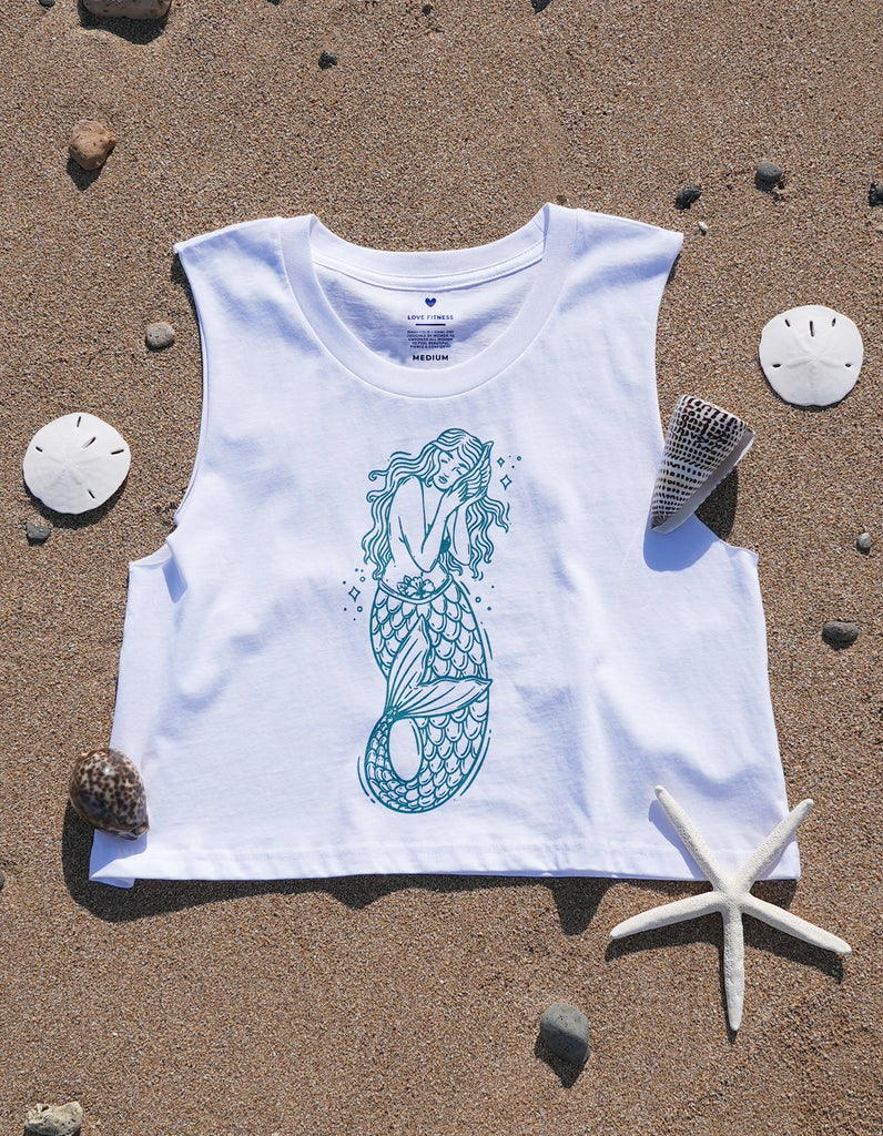 Love Fitness the sea is calling eco-friendly crop tank white