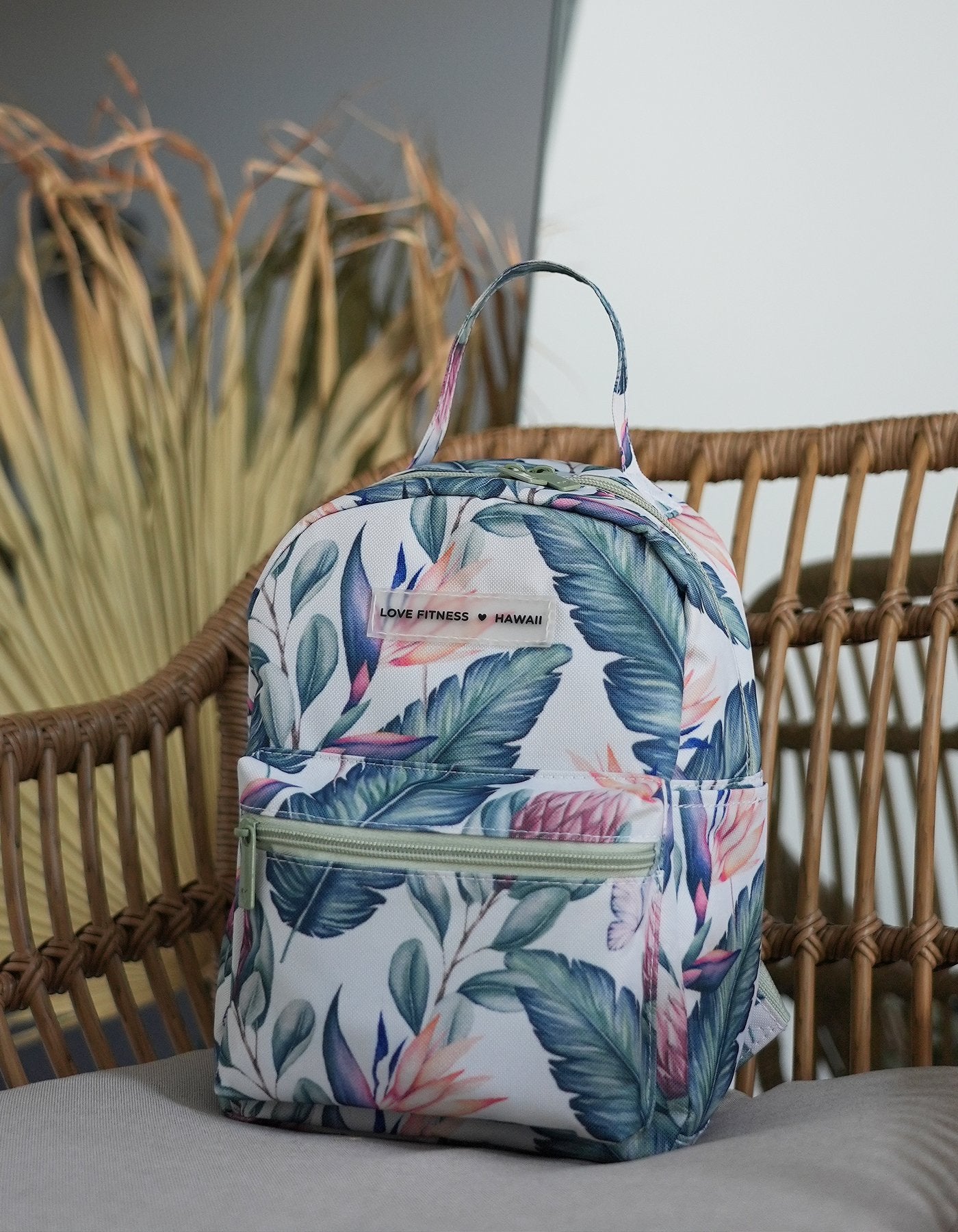 Love Fitness Apparel Tropical Paradise Mini back pack with light neutral green accents 