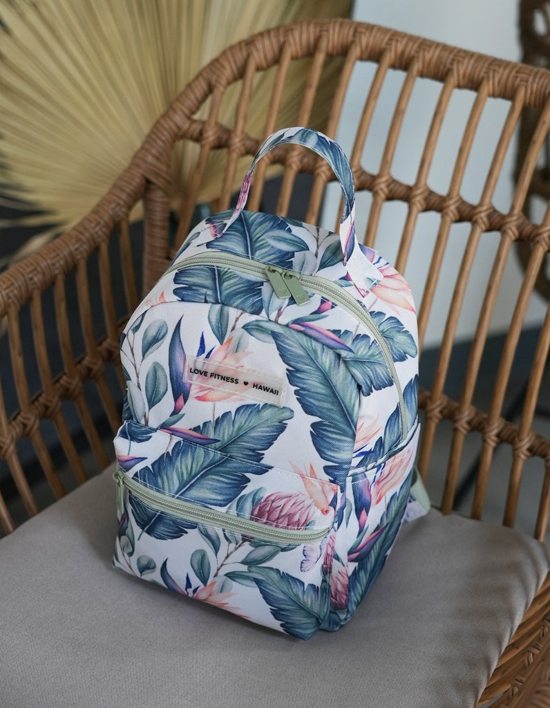 Love Fitness designed in hawaii mini back pack with an all over beautiful print of the Tropical Paradise Print