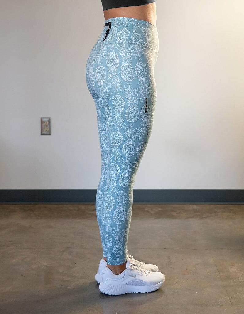 Love Fitness most popular pineapple leggings in dusty blue. Work out, going out and ocean approved